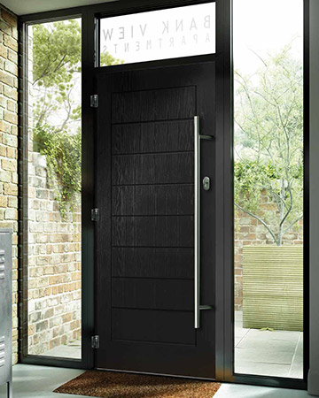 Black contemporary composite entrance door, supplied by WGS Glazing