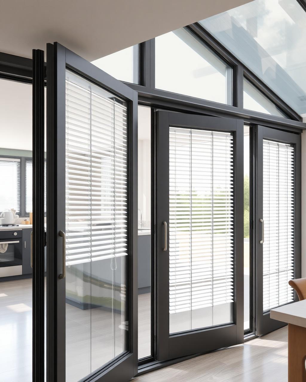 Integral blinds inside bifold doors, half open, supplied by WGS Glazing