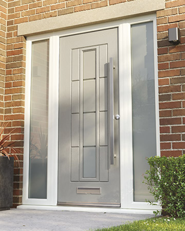 Light grey Rockdoor entrance door with glazed sidelights, supplied by WGS Glazing