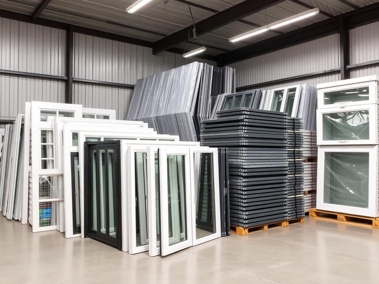 Glazing trade supply warehouse with window and door frames ready for collection
